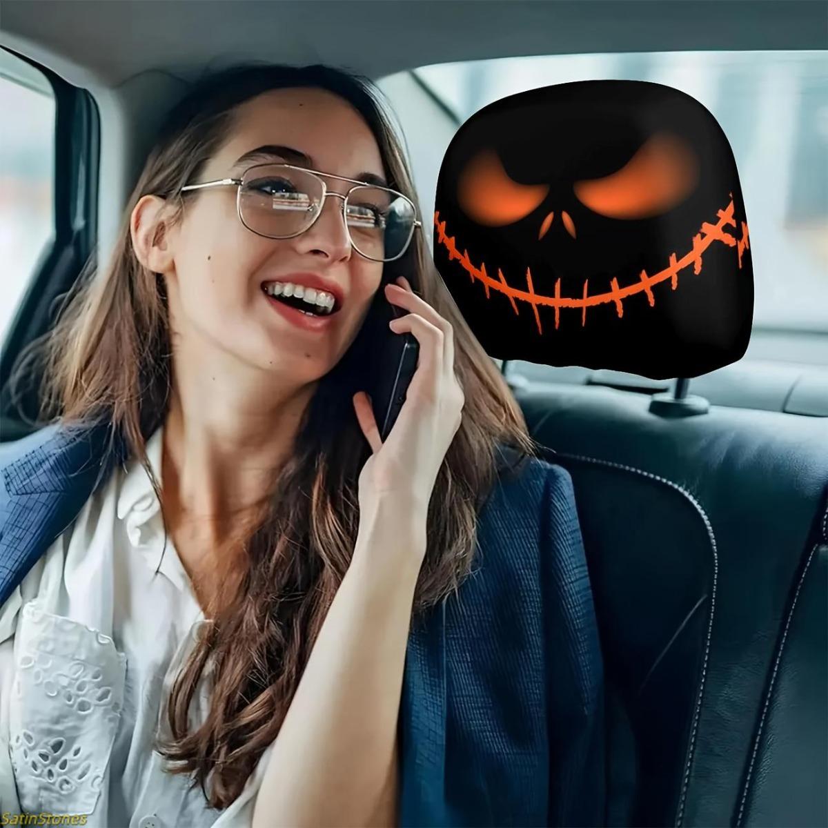 2 Pack Halloween Pumpkin Head Pillow Covers, Skull Design, Glowing Eyes, Car Ornaments, Spooky Car Accessories, Festive Atmosphere, Easy to Install, Universal Fit