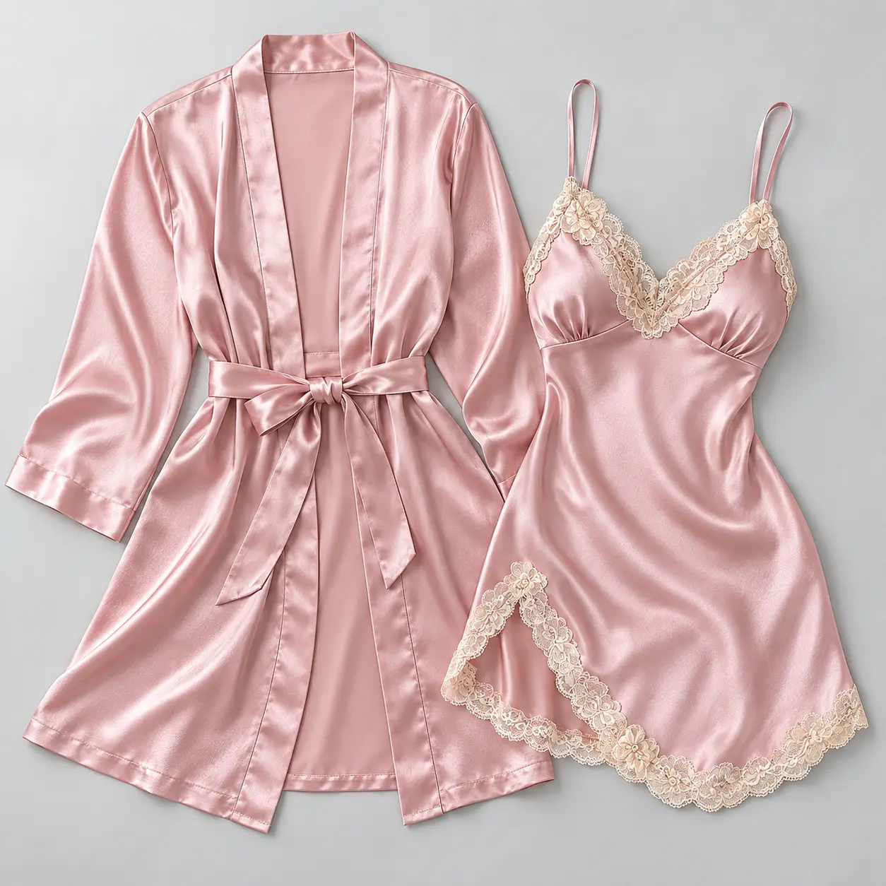 Women's European-American 2-Piece Pink Satin Robe & Collarless Sleeveless Slip Dress Set - Lace Trim Cami Nightgown, Matching Belted Kimono Robe, Junior Fit Silky Sleepwear Loungewear, Bridal Honeymoon Gift