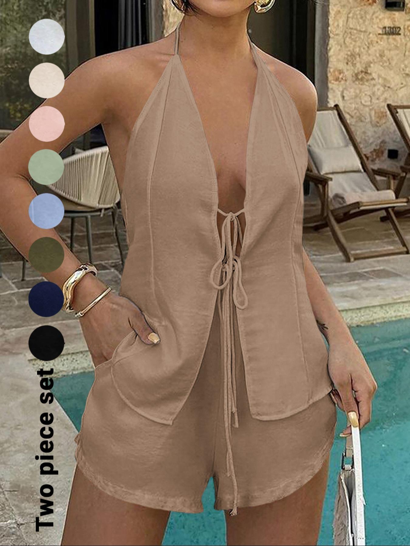 Women's Solid Color Fitted Tie Back Top & Shorts Set, Casual Fashion Chic Two-piece Outfits for Summer, Ladies Clothes for Beach Holiday Vacation, Womenswear