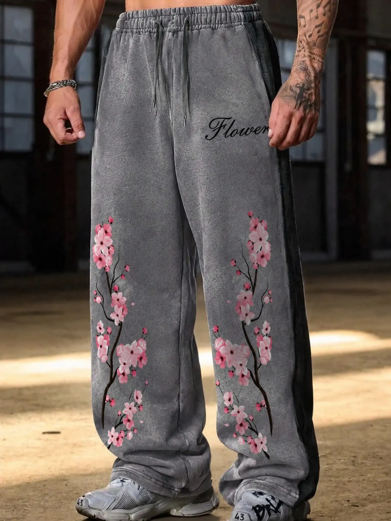 Aesthetic Floral Cherry Blossom Baggy Joggers | Vintage Washed Grey Track Pants with Drawstring | Unisex Oversized Streetwear Sweatpants for Lounging & Daily School Fits