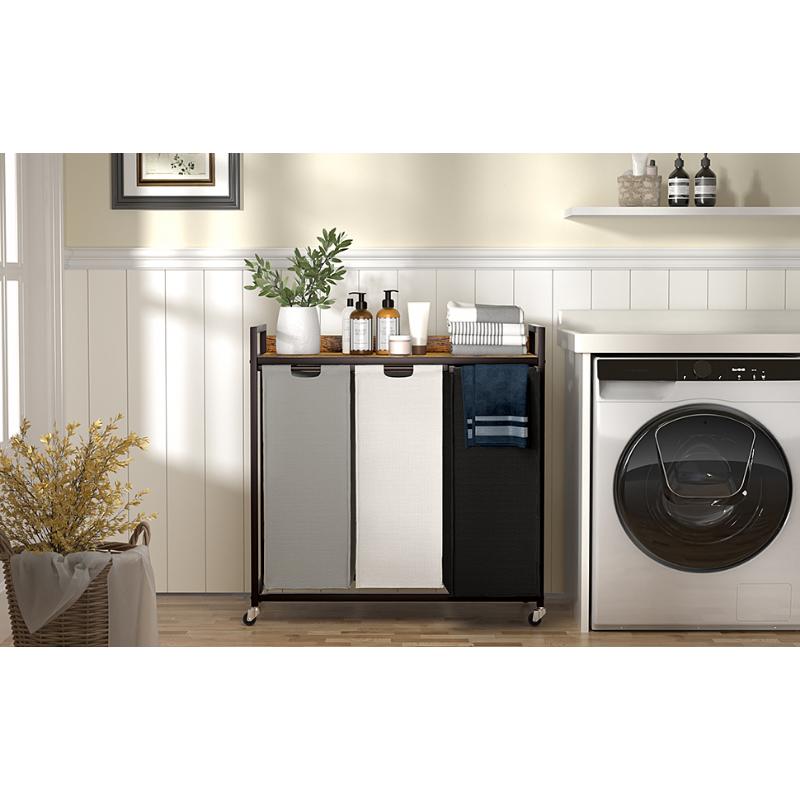 Laundry Hampers with Shelf, Laundry Basket 3 Section, Laundry Sorter with Pull-Out Removable Large 3 Color Bags and Movable Wheels, Metal Frame, 3 x 15.87 Gallons (60L), Rustic Brown PF04XLN