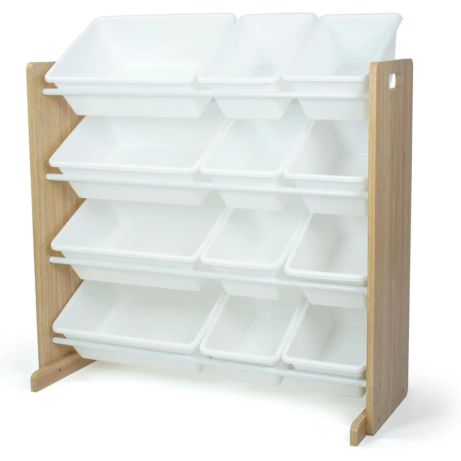 Wooden 4-Tier Toy Storage Organizer with 12 Removable Plastic Bins, Steel-Frame Shelf for Kids Playroom, Natural Wood/White
