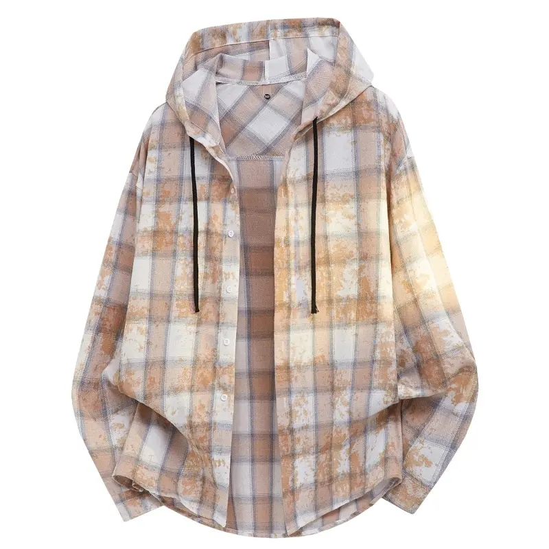 Men's Vintage Distressed Plaid Hooded Long Sleeve Polyester Shirt - Adjustable Drawstring Hood, Button-Front, Medium Length, American Streetwear Style, Cold Wash, Wearable Alone or Layered, Suitable for Daily Commuting, Street Outings