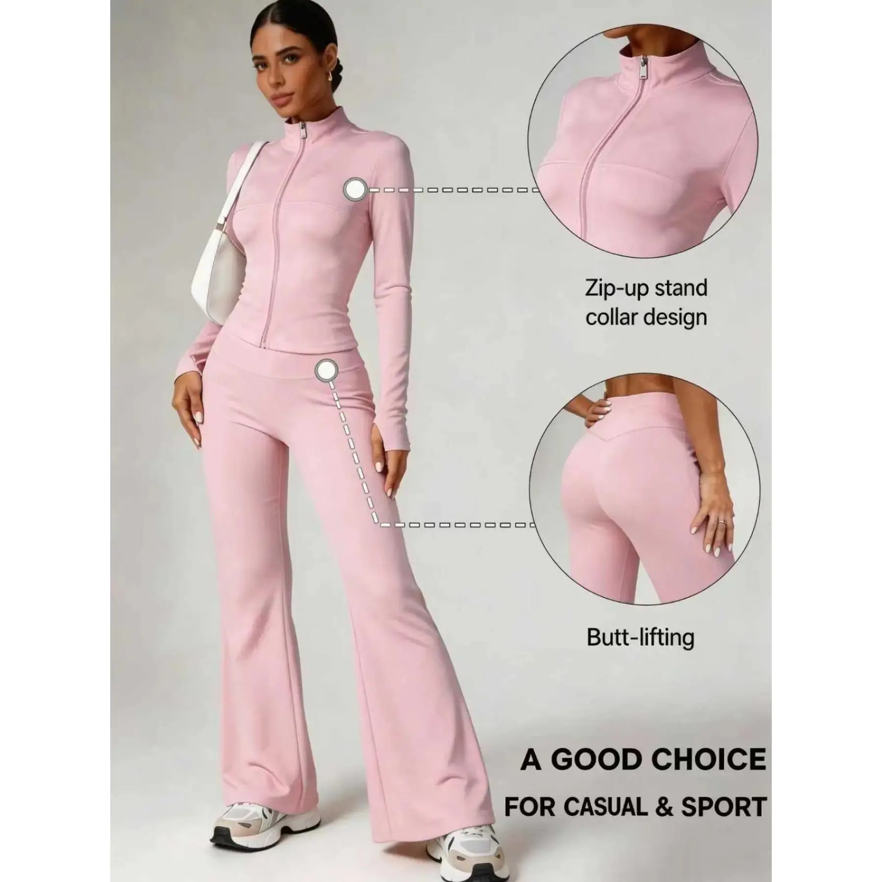 Qfen Sport Women's Two-Piece Set, She-In Petite Zipper Jacket and High-Waist Tight Pants, Solid Tracksuit Set, Comfortable and Stylish, Ideal for Active Lifestyle, Sports Wear Set, Sportswear Set