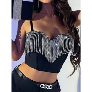 Festival Rave Rhine Stone Tassel Decoration Detachable, Spaghetti Strap Backless Tight Corset, Chest Circumference Exposed Navel Vest