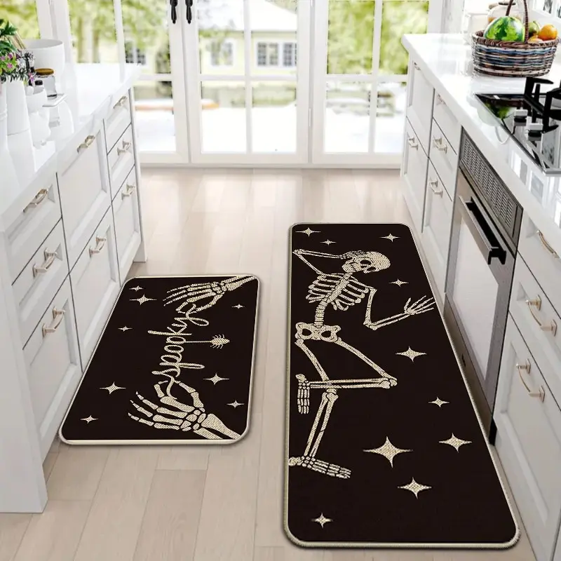 2Pcs Holloween Kitchen Rug Mat BOO! Terrifying Skeleton Horror Pumpkin Bat Spider Web Wizard Floor Mat Set Farmhouse Kitchen Rug Non Slip Restaurant Floor Dining Room Laundry Room Decor Carpet Mat Fall Decor Home Decor Rug Decorative Rugs