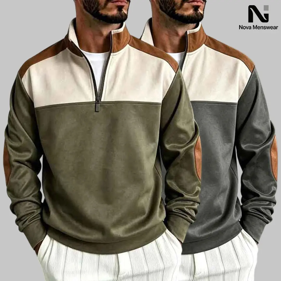 Men's Collared Sweater, Loose Fit Vintage Quarter-Zip Fleece Pullover with Color Block Design and Suede Elbow Patches for Office Tops, Collared Sweater Men's Sweatshirts