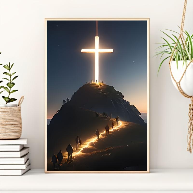 1pc Illuminated Cross on Mountain Canvas Print Poster, Religious Theme, Durable Artwork, Unique Creative Wall Decor, with Waterproof for Living Room, Bedroom, Office, Dining Room, Bar
