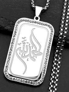 Muslim Islamic Quran Allah Rhinestones Pendant Necklace for Women Men Stainless Steel Gold Color Geometric Arabic Chain