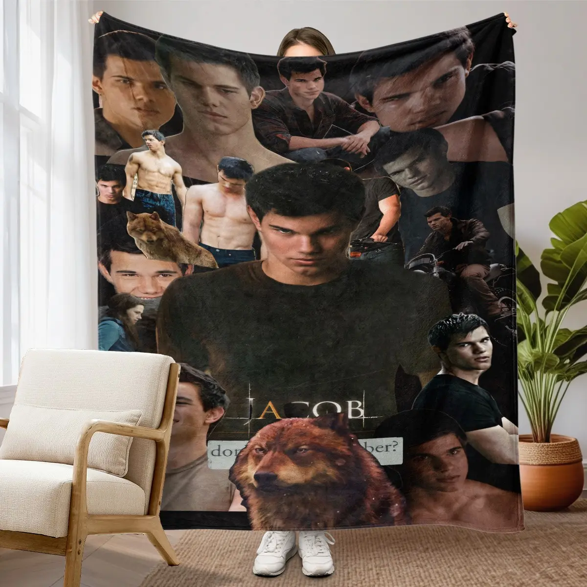 1pc Twilight Jacob Wolf Collage Fleece Blanket, Black Background Jacob Character Portrait Giant Wolf Movie Scene Collage Print, Soft Warm Nap Throw For Sofa, Bed, Office, Camping, Perfect Christmas Gift