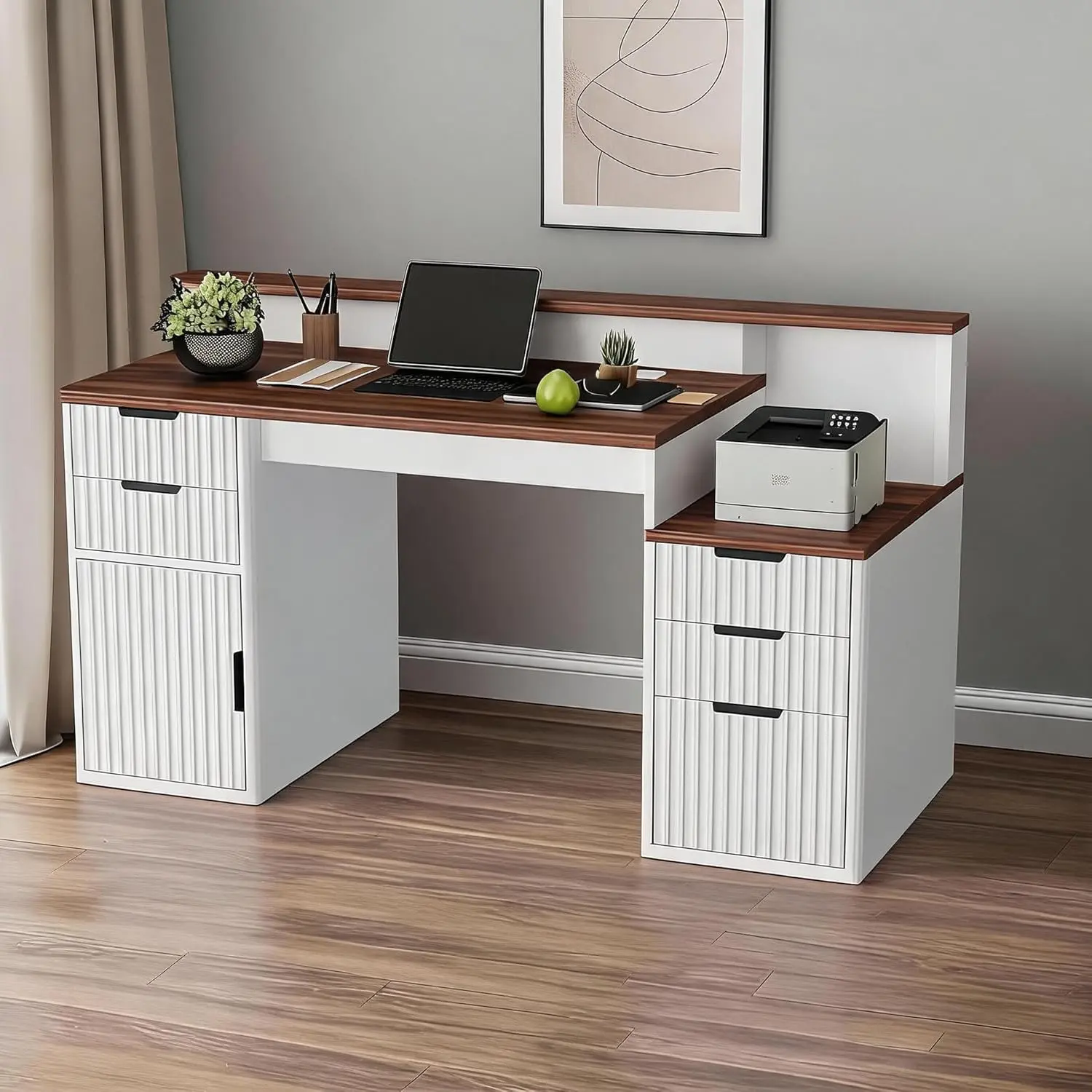 GAOMON Space-Saving Rectangular Engineered Wood Computer Desk with Hutch, Printer Stand, Multi-Drawer Ripple Door Storage, Sturdy Home Office/Study Workstation, Easy Assembly, White & Brown Options