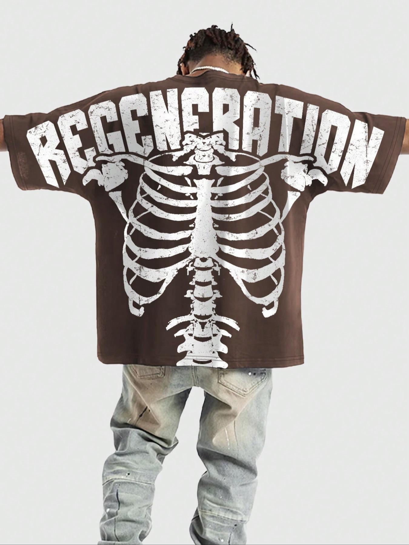 Men's Regular Fit Skeleton & Letter Print Round Neck Tee, Casual Short Sleeve Crew Neck T-Shirt for Summer, Fashion Men's Top for Daily Wear, Tropical