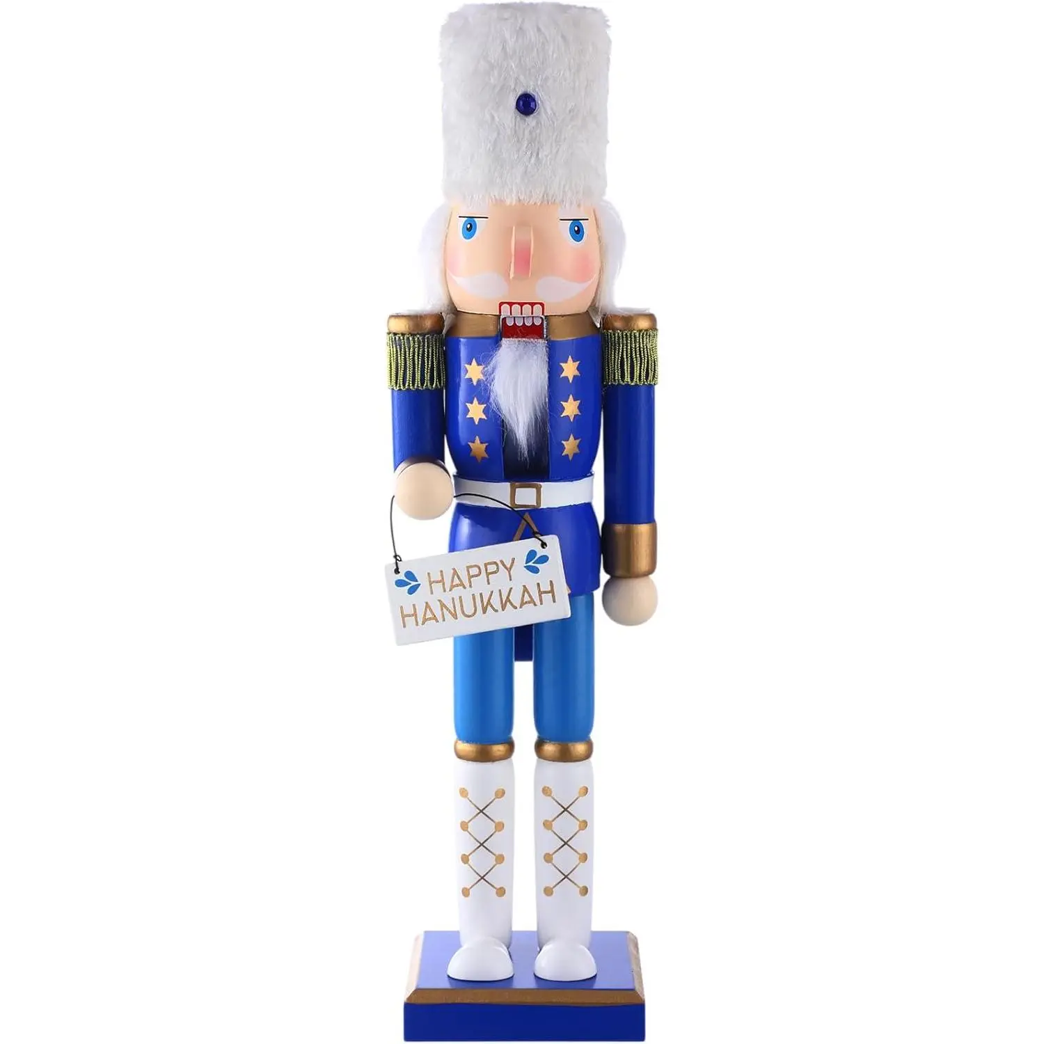 16 Inch Hanukkah Nutcracker Decorations Christmas Wooden Jewish Nutcracker Ornament Blue and White Soldier Figures Winter Holiday Table Decor Party Favor Supplies (Happy Hanukkah)
