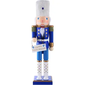 16 Inch Hanukkah Nutcracker Decorations Christmas Wooden Jewish Nutcracker Ornament Blue and White Soldier Figures Winter Holiday Table Decor Party Favor Supplies (Happy Hanukkah)