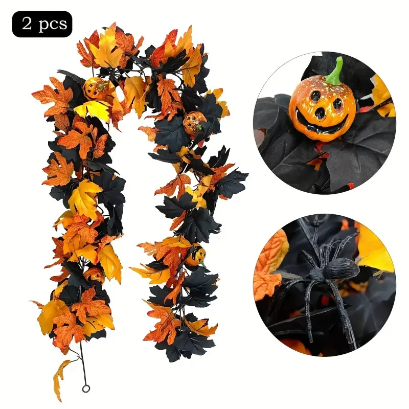 2 Sets Gothic Maple Pumpkin Vine Spider Decorations Plastic Thanksgiving Halloween Autumn Wall Hanging Classic Front Door Decor Party Wreath Design Durable Home Ornament Rustic Style Festival Decor