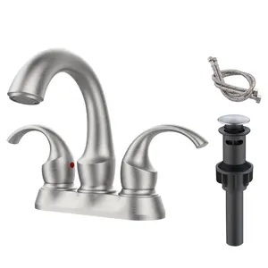 Brushed Nickel Dual Handle Center Mount Sink Faucet, Countertop Installation, Modern Bathroom Mixer Tap, Includes Pull-Down Drain and Supply Hose, Flow Rate 1.5 Gpm