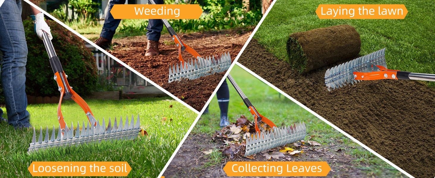 Thatch Rake for Lawns, Yofidra 15" Heavy Duty Metal Dethatcher Rake with 5FT Handle, 70’’ Adjustable Manual Thatcher with 19-Tine for Lawn Loosening Soil, Yard and Removing Dead Grass Durable Gardening Tools Thatch Rake for Lawns, Yofidra 15" Heavy Duty Metal Dethatcher Rake with 5FT Handle, 70’’ Adjustable Manual Thatcher with 19-Tine for Lawn Loosening Soil, Yard and Removing Dead Grass Durable Gardening Tools