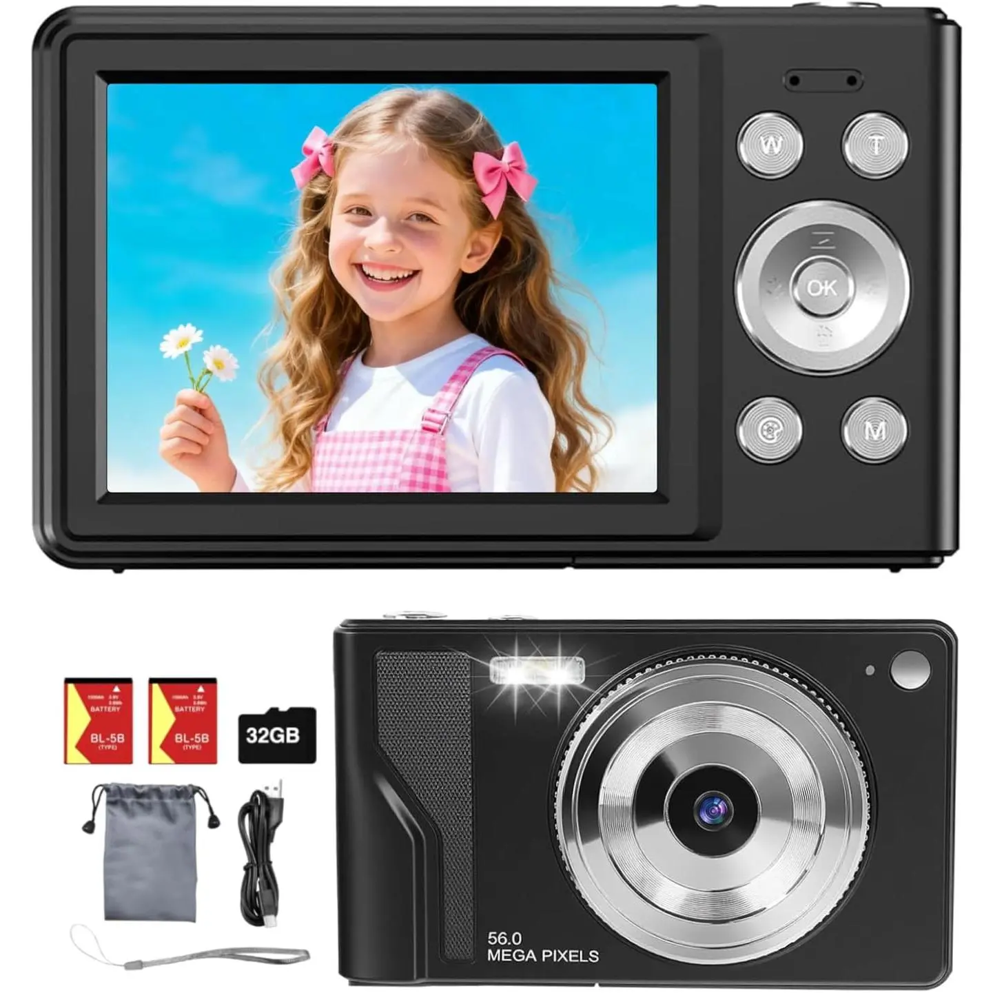 Digital Camera for , Teens & Beginners, Compact Point-and-Shoot, Black | 56MP FHD 1080P, 16X Digital Zoom Anti-Shake, 2.8" LCD + 32GB Card & 2 , Portable Vlog Camera for Travel