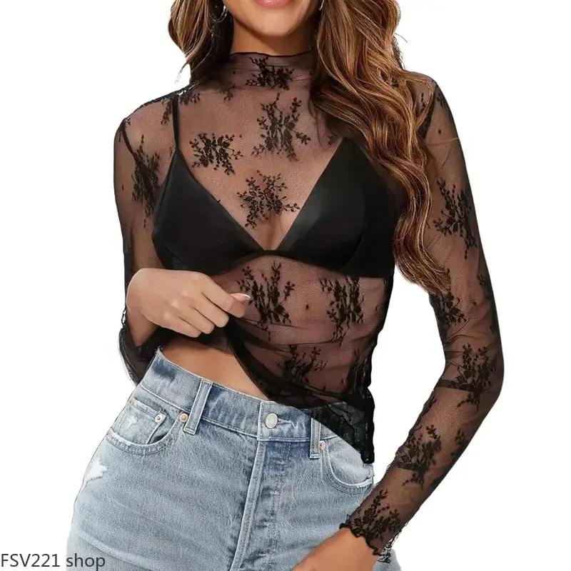 Women's 3-Pack Comfortable Lightweight Sheer Floral Embroidered Lace Long Sleeve Mock Neck Blouse Outfits, Black+White+Coffee, Everyday Layering Tops for Sports & Outdoor Activities campingessentials, Longsleeves, Mesh