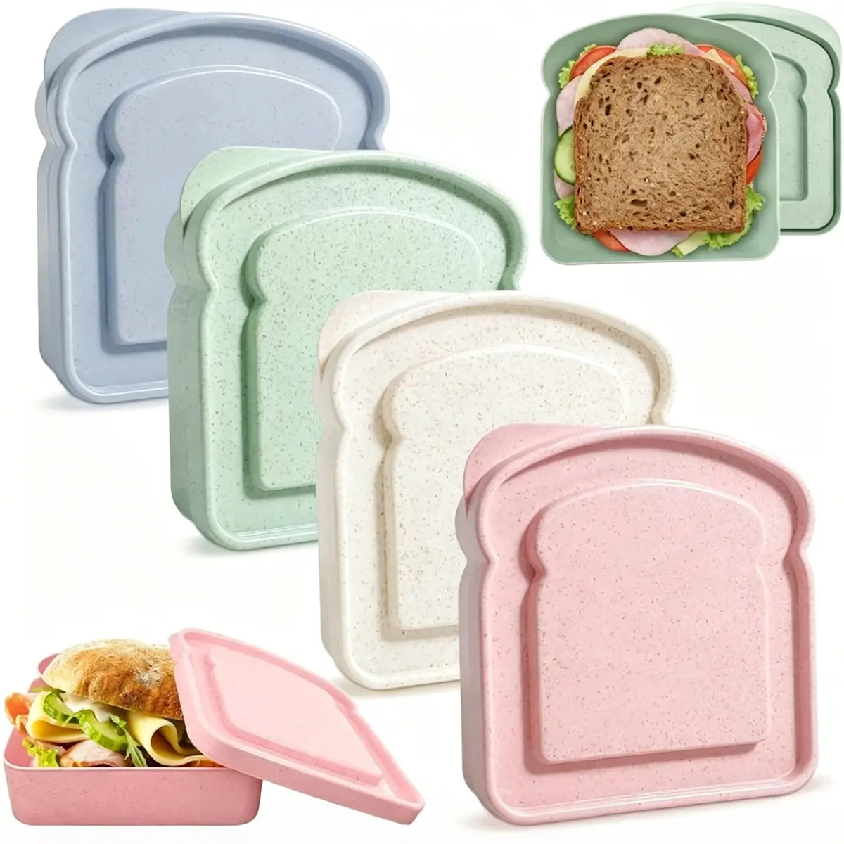 2 Pcs random colors Toast Shaped Bento Box, Ins Natural Pastoral Style, Food-grade Wheat Straw Sealed Leakproof Reusable Design,Easy to Clean，Lunch Container for School, Office Work, Picnic and Party Sandwich Food Storage