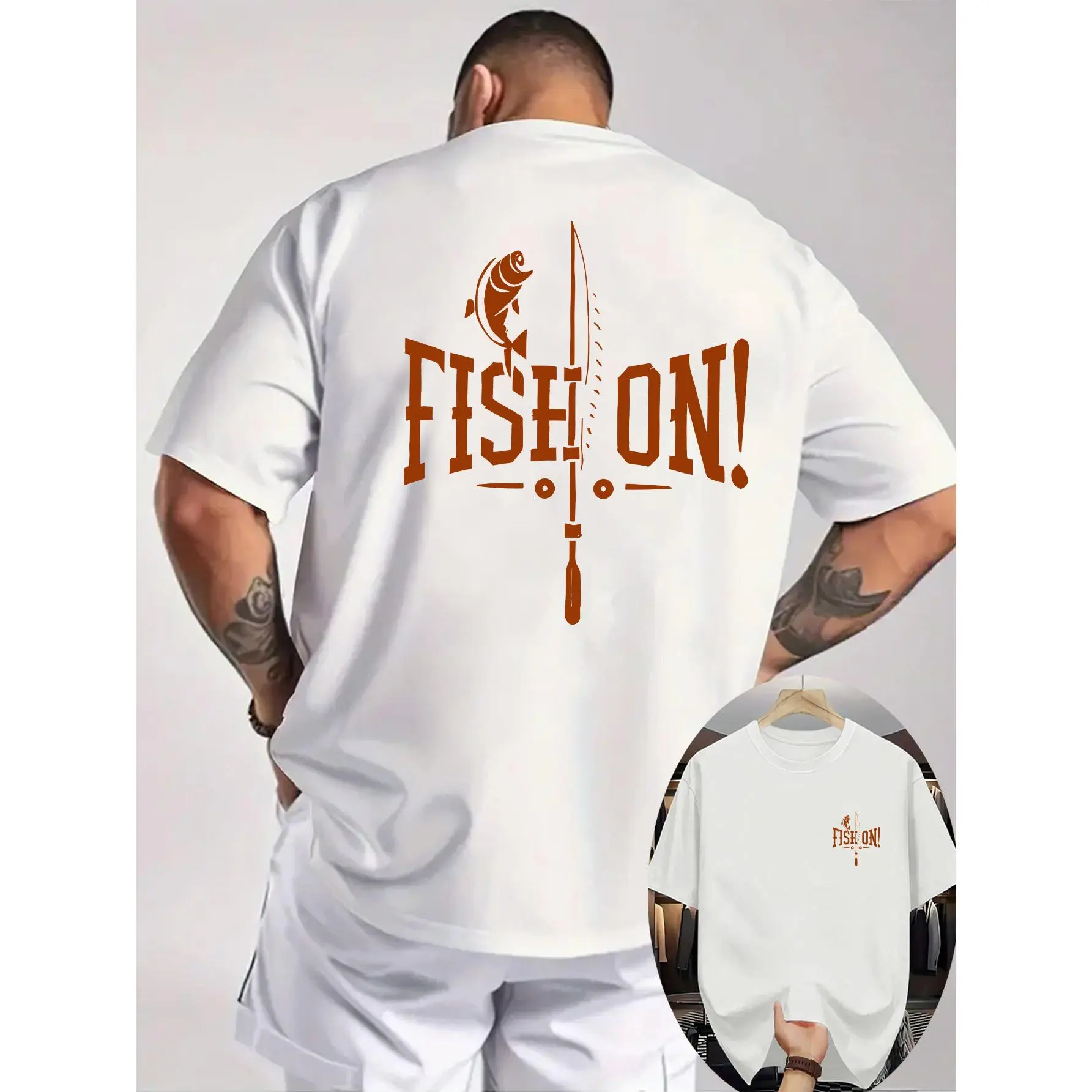 Men'S Casual Printed T-Shirt| Ribbed Crew Neck, Short Sleeves, Knitted Fabric, Double-Sided Fishing Rod And Fish Pattern, Fresh And Comfortable, Suitable for Outdoor Activities,