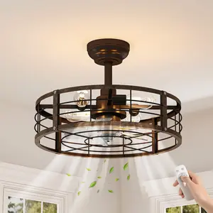20" Caged & Flush Mount Ceiling Fan, 2-in-1 Farmhouse Fandelier with Light & Remote, Bladeless Style Ceiling Fan Light Fixture, Black & Brushed Finish for Indoor Home Decor, 120V