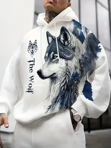 Indian Feather Blue Tone Wolf Digital Print Hooded Jacket, Vintage Tattoo Style, Loose Fit, Long Sleeve, Fall & Winter Sweatshirt