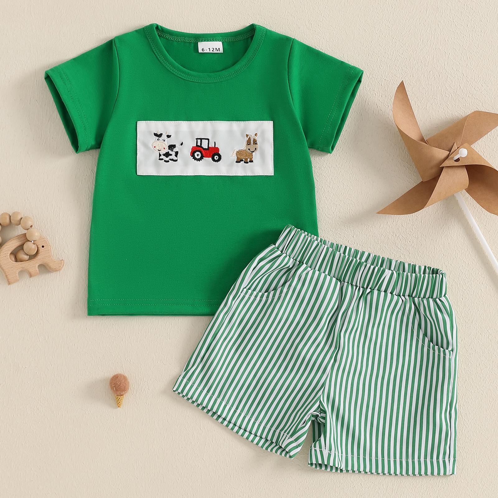 Toddler Baby Boy Summer Outfit Animal Embroidery Round Neck Short Sleeve Top Stripe Shorts Casual 2pcs Set Summer Clothes