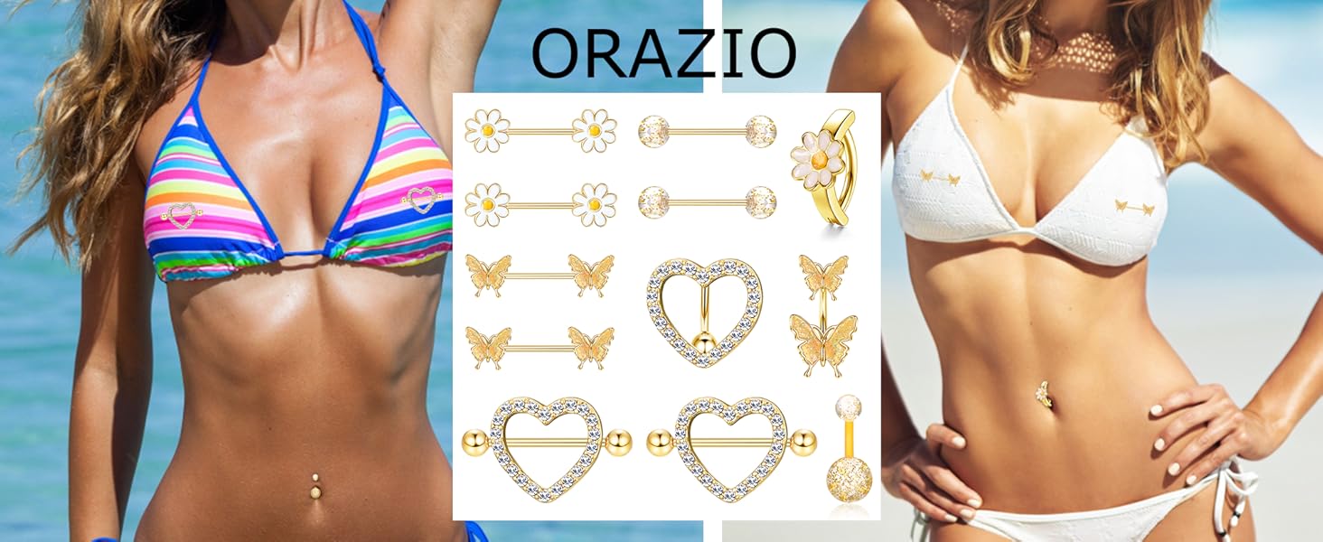 ORAZIO 14G Nipple Rings for Women Surgical Steel Belly Button Ring Butterfly Daisy Flower Nipple Barbells CZ Heart Curved Navel Rings 12 PCS Nipple Piercings Jewelry Set
