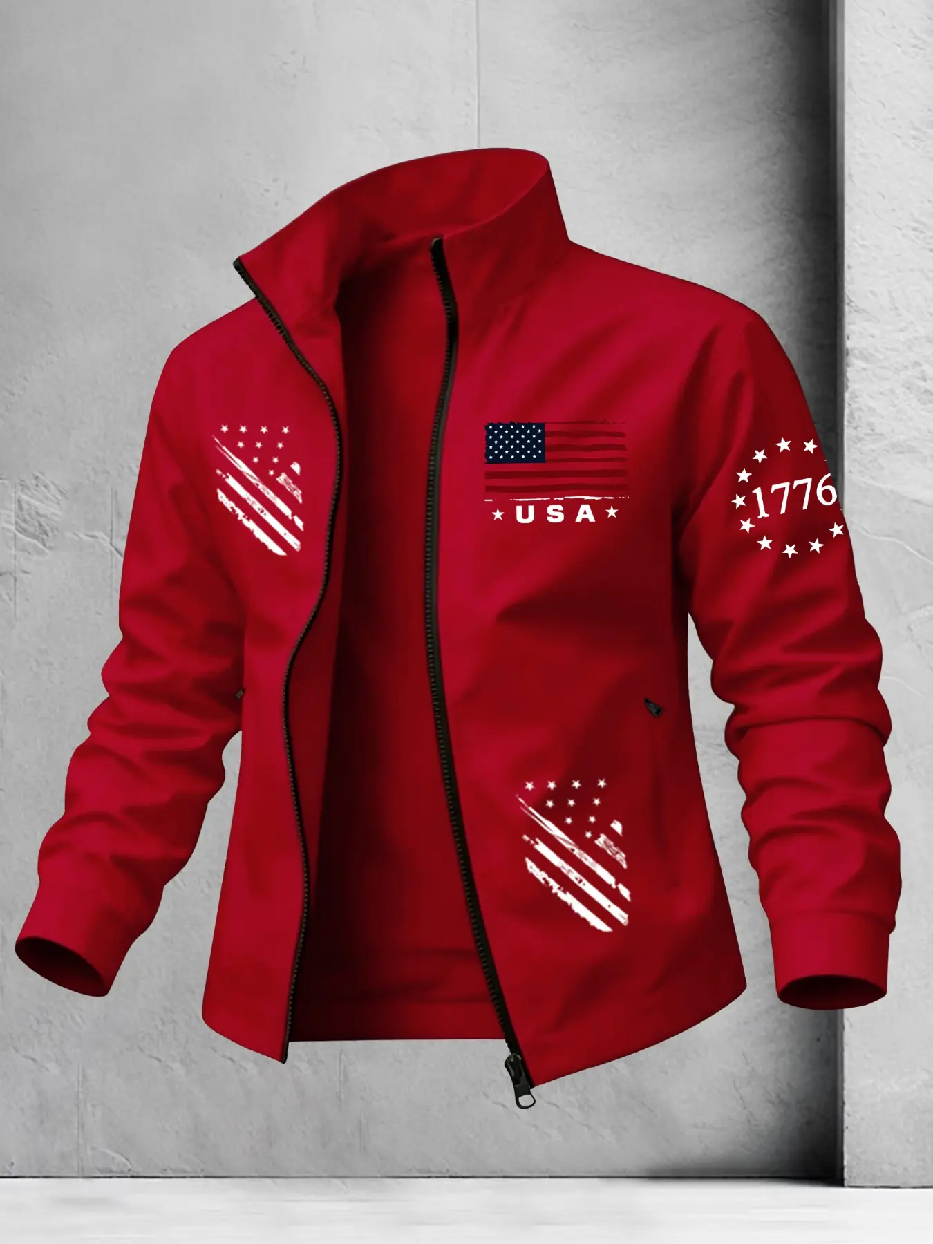 Men Stand Collar Zip Up Lightweight Jacket, Vintage Distressed USA Flag & 1776 Star Circle Graphic Side Pocket Windproof Casual Patriotic Outdoor Sport Street Outerwear #PatrioticJacket #USAFlagOuterwear #1776VintageWindbreaker