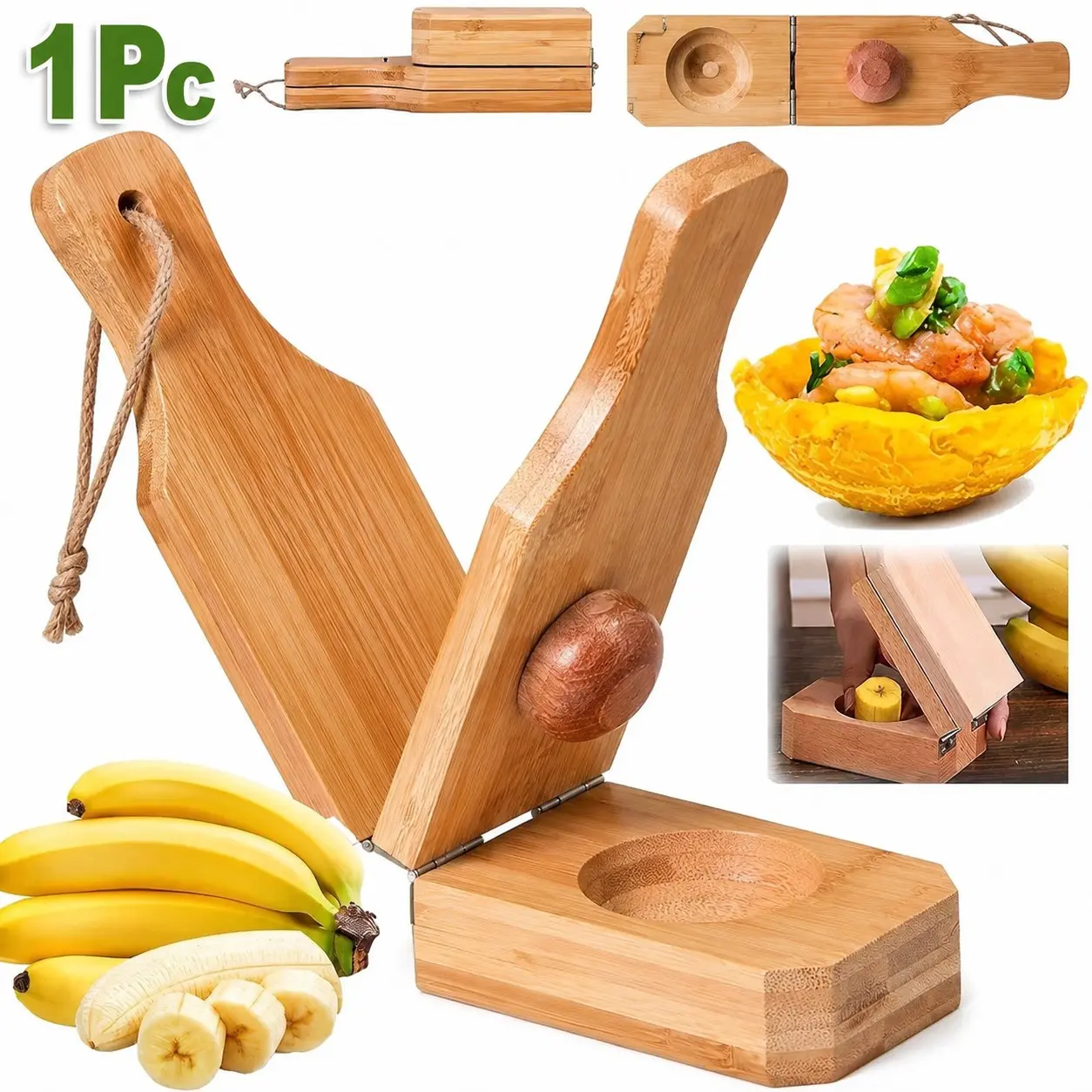 1Pc Bamboo Plantain Press, Traditional Caribbean Tostones Maker & Plantain Bowl Mold, 2-in-1 Wooden Smasher Tool for Fried Plantains, Banana Cups, Latin Kitchen Cooking Gadget