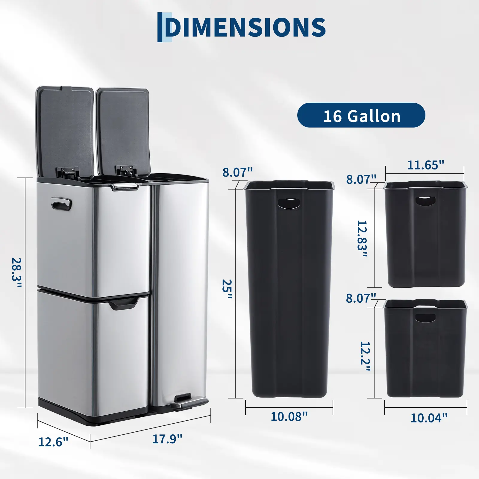 16 Gallon Kitchen Trash Can with Lid, 3 Compartment Stainless Steel Trash and Recycling Bin Combo, Fingerprint-Resistant Garbage Can with Foot Pedal and 3 Removable Inner Buckets for Food Waste, Recyclables, Home and Office