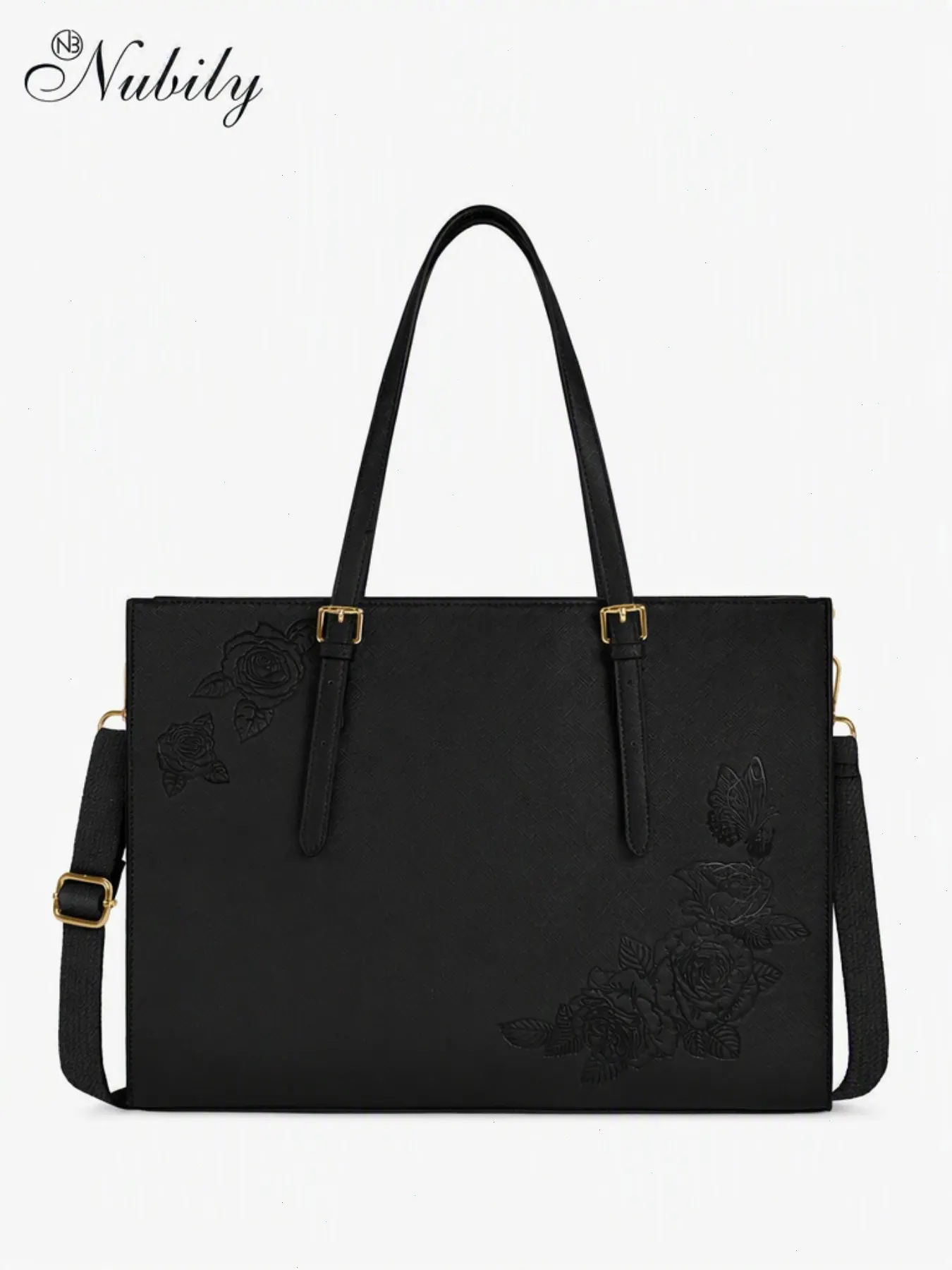 Women’s PU Leather Laptop Tote Bag for 15.6 Inch, Rose Embossed Work Briefcase, Adjustable Shoulder Strap, Large Capacity Business Handbag