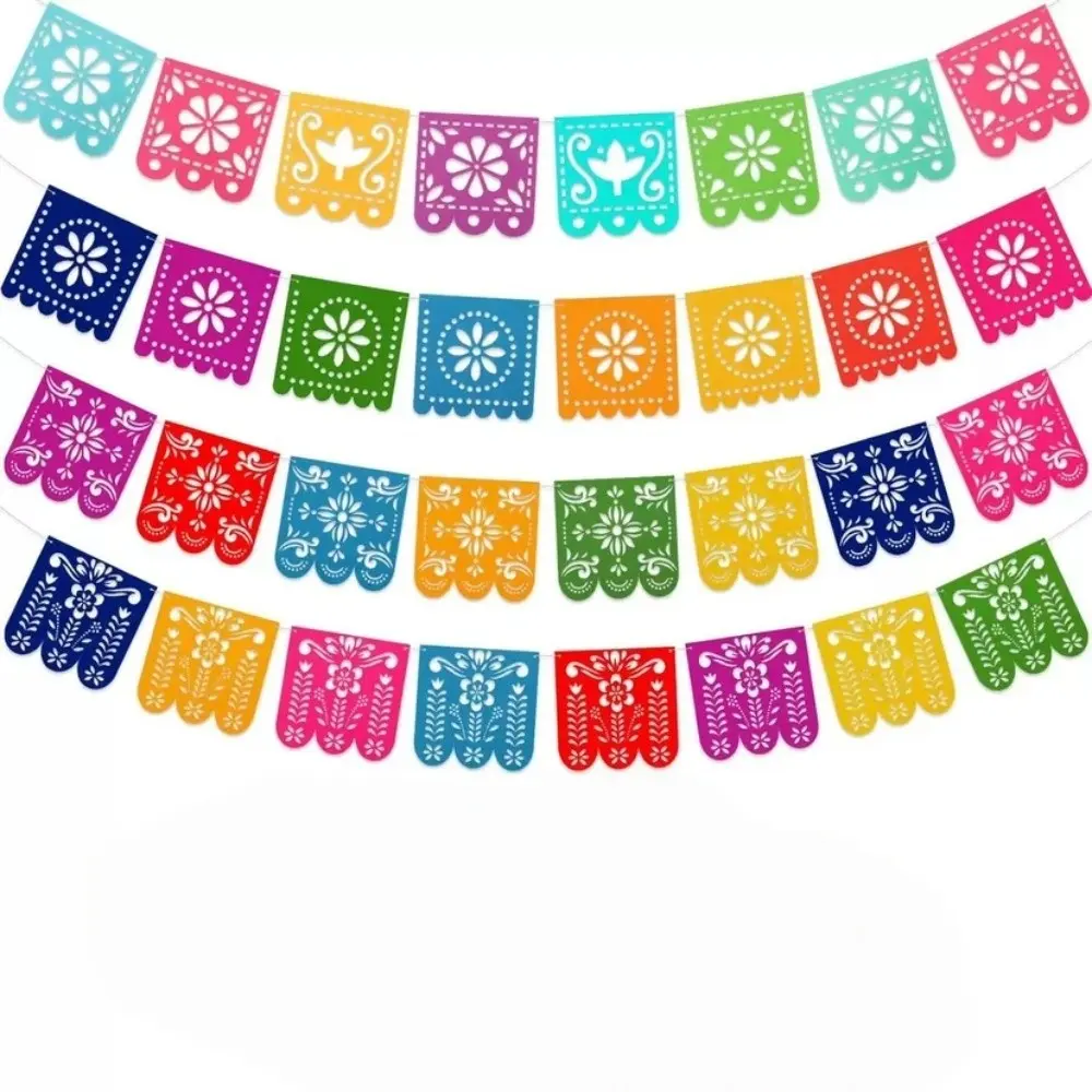 1Set 4 Strands Felt Papel Picado Cutout Garland – Vibrant Skull & Floral Bunting for Día de los Muertos, Carnival, Fiesta Party Home Wall Hanging Decor Supplies