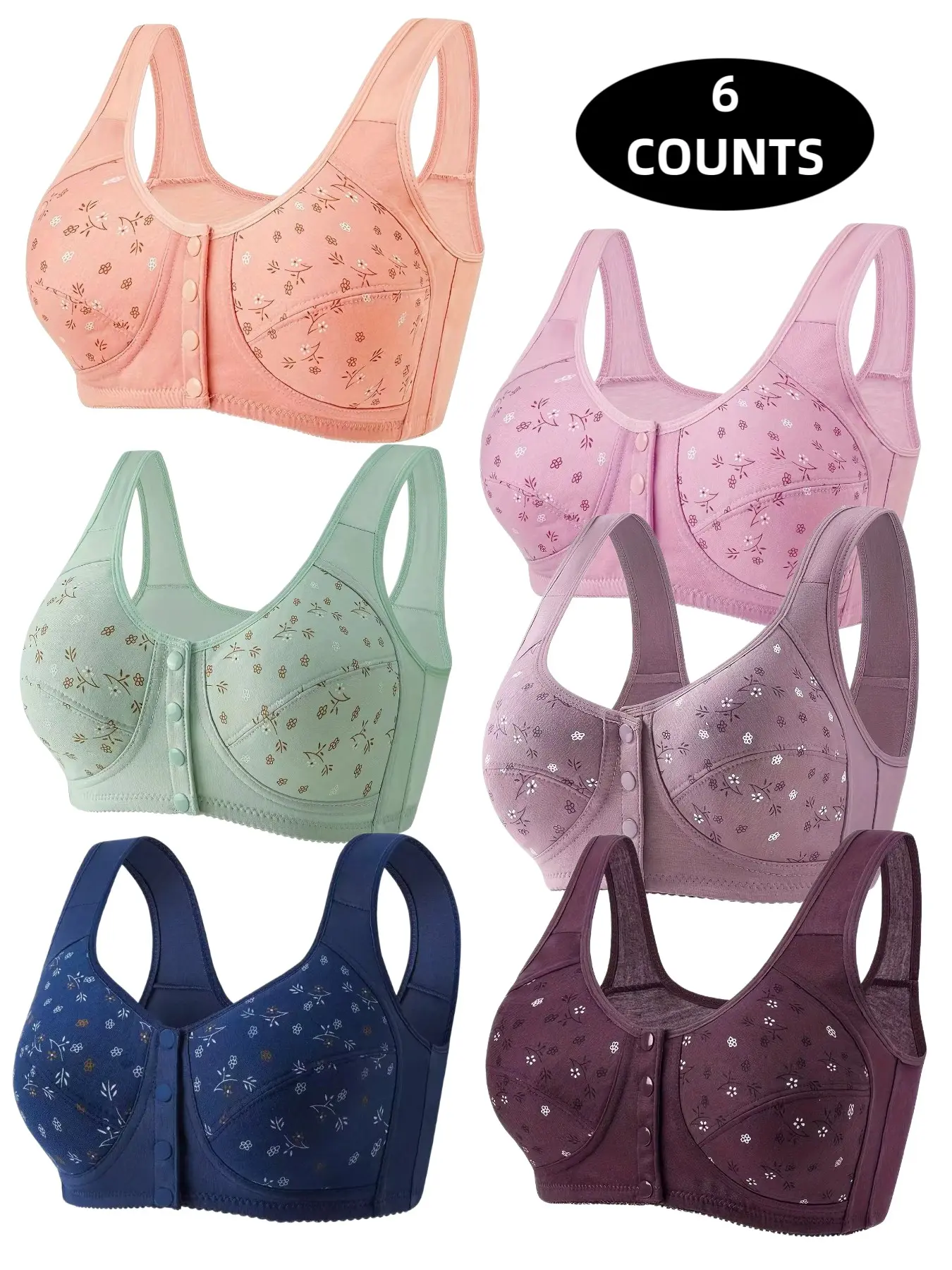 6-Pack Wireless Bras for Women, Front Buckle Push-Up Design, Seamless Comfort Fit, Daily Wear Underwire-Free Bra, Breathable Soft Fabric, Breathable Comfy Bra