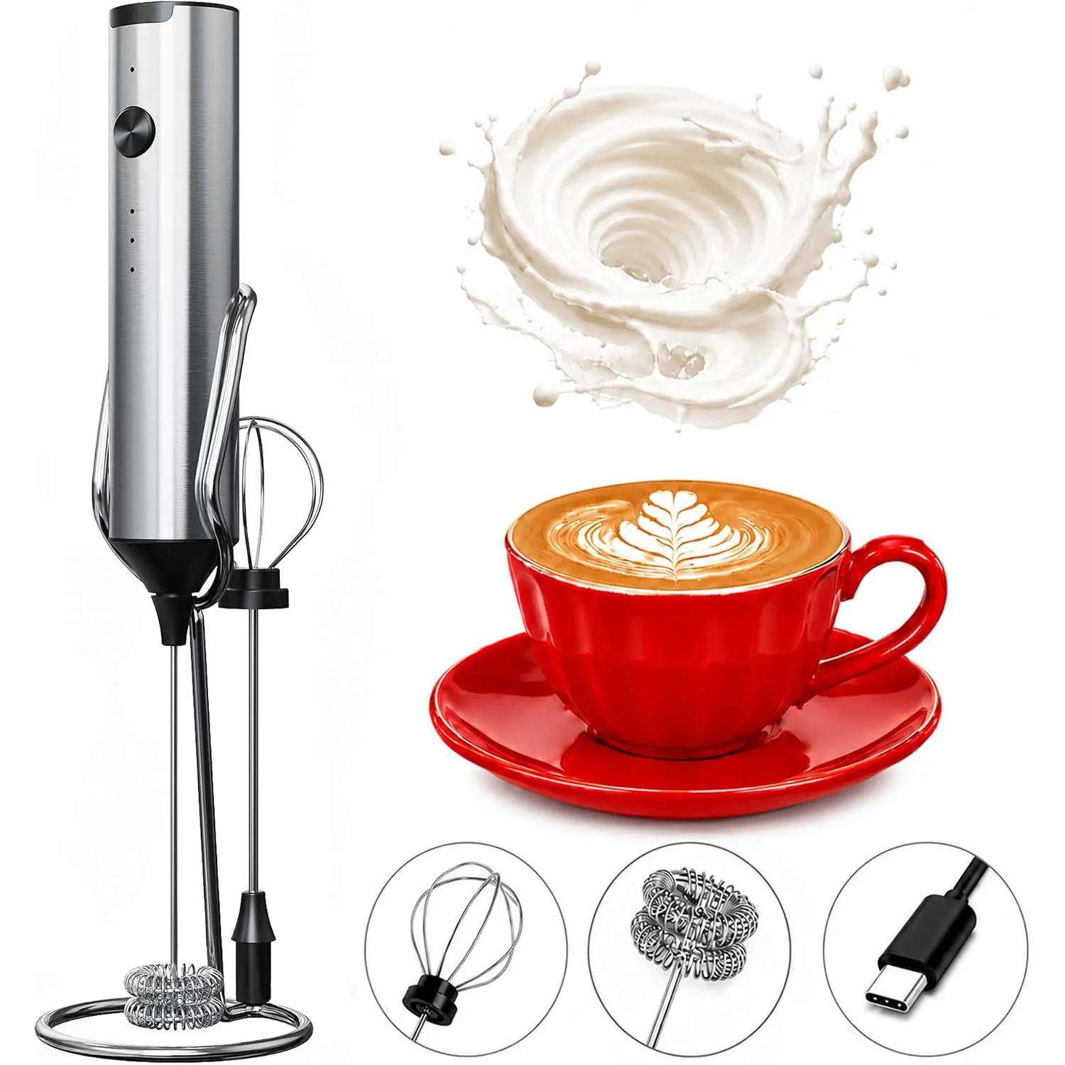 Handheld Milk Frother Wand Rechargeable with Stand - Stainless Steel Double Whisk Milk Frother Handheld -Coffee Stirrers Electric Drink Mixer - Coffee Frother ()