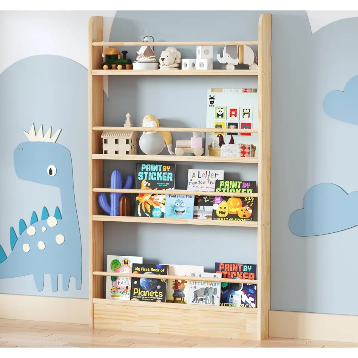 4-Tier Wooden Behind The Door Bookshelf Wall Mounted Storage Bookcase Rack Organizer for Study Living Room Bedroom Playroom