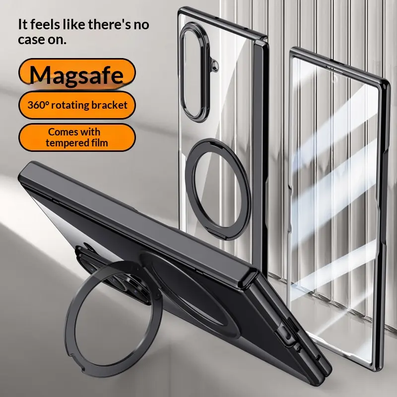 Compatible with Samsung ZFold7 Magnetic Electroplated Protective Case 360-Degree Rotating Transparent Electroplated Frame Stand Protective Case