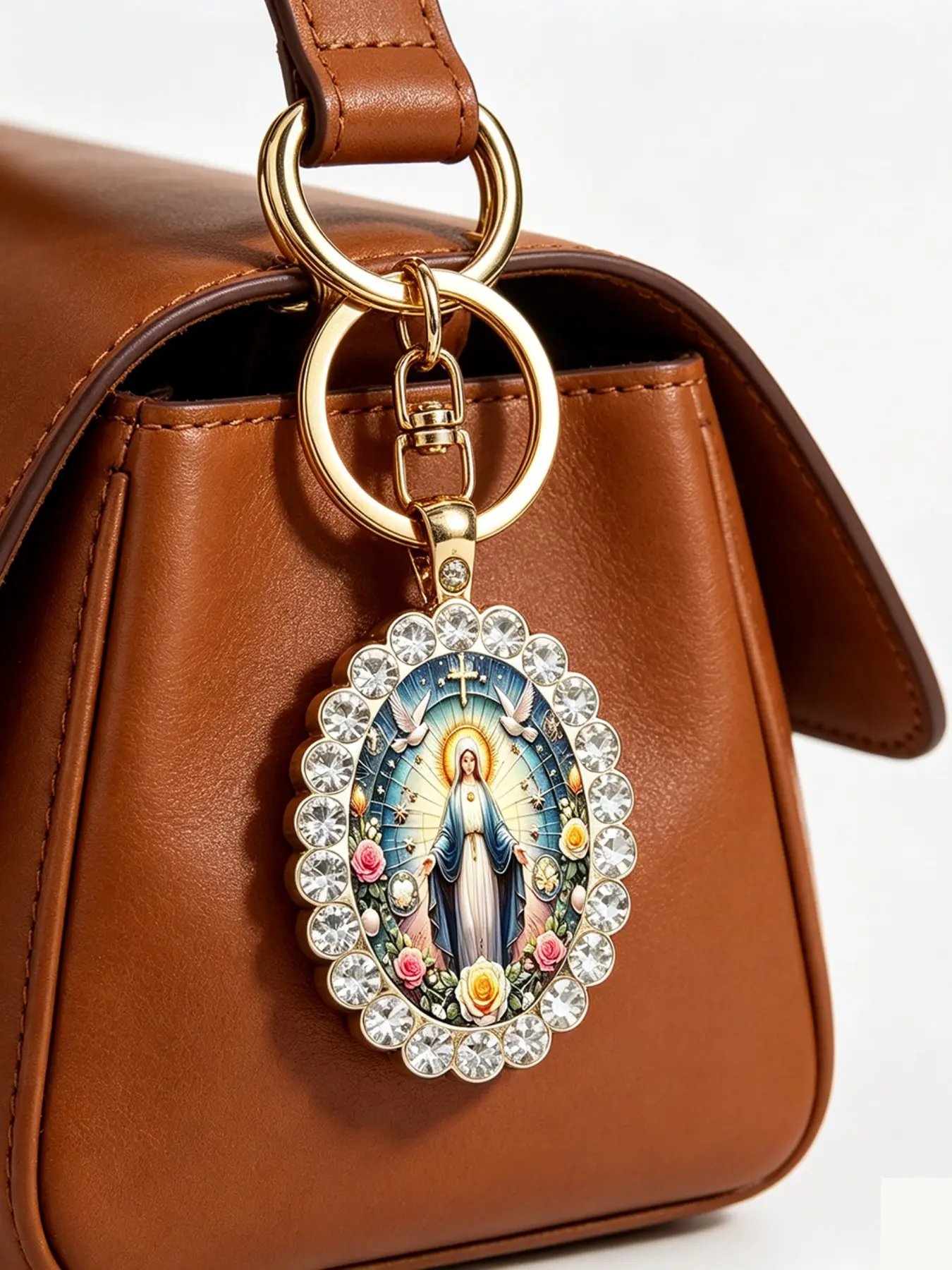 Mary Keychain, Catholic Mother Religious Keychain, Mom Keychain, Faith Gift, Cute Round Badge, All Seasons, No Choking Hazard, Stamping Design