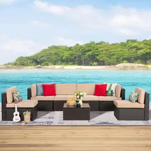 7-Piece Indoor Outdoor Living PE Resin Wicker Patio Sectional Sofa Set, Hand-Woven Conversation Set with Armless Chairs, Cushions and Glass Table