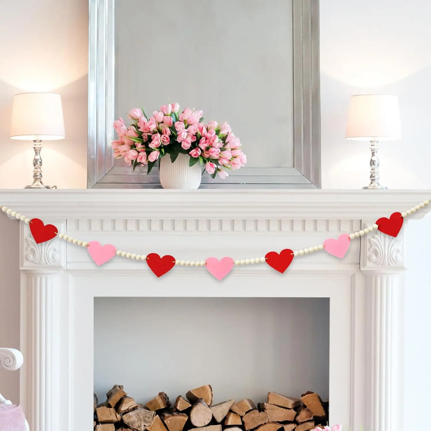 4.2 FT Felt Heart Wooden Beads Garland Valentine's Day  Decorations, Romantic Beaded Tiered Tray Decor, Rustic  Banner for Love Celebration, Shelf Display, Fireplace, Wall Decor