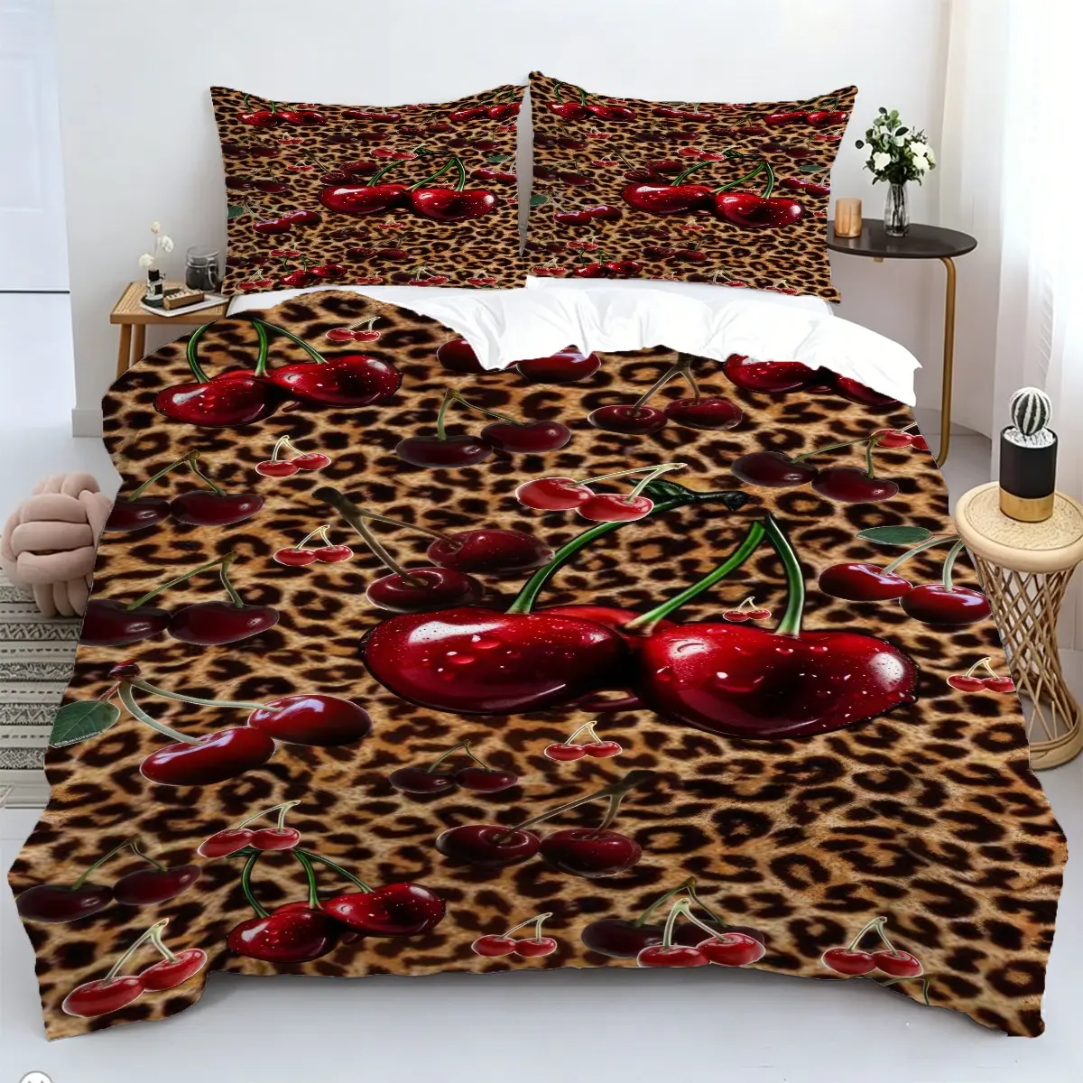 2/3pcs3d Leopard Print Cherry Print Duvet Cover Set, Sweet Wild Fruit Animal Print Printed Bedding Set, Soft Polyester Duvet Cover, Suitable For Modern Bedroom Home Decor, 1/2coreless Pillowcase /Zipper Closure,Single/Double/King/Extra King Bedding Set