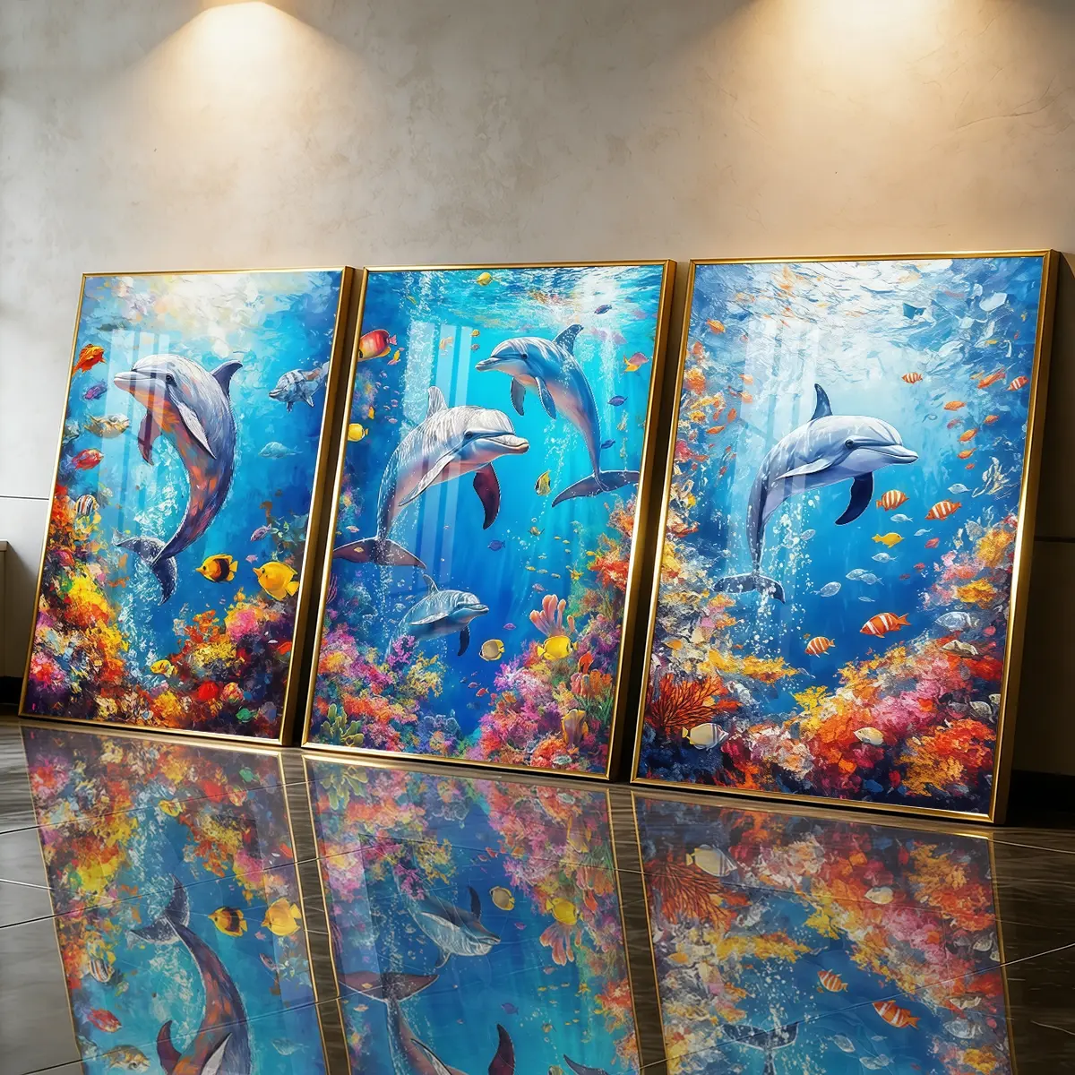 3 Count Aluminum Alloy Frame Canvas， Dolphins And Coral Reef Fashion Poster， Modern Living Room Decoration， Light Luxury Family Art， Suitable For Bedroom， Corridor And Office Wall Decor， Gift
