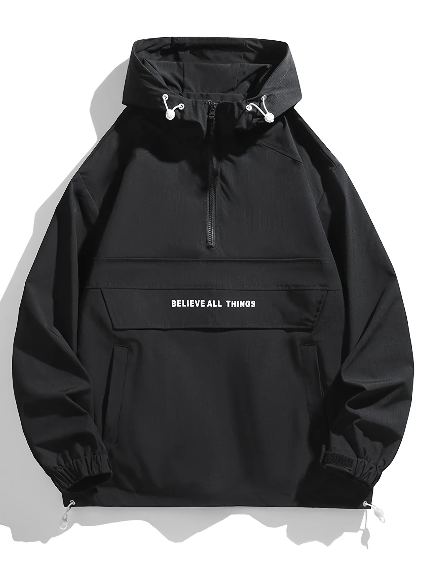 Men's Half-Zip Hooded Flying Jacket, Letter Print Large Pockets, Windproof Outdoor Coat, Adjustable Drawstring, Vintage Camping Style, Casual Outdoor Jacket, Hooded Zippered Jacket