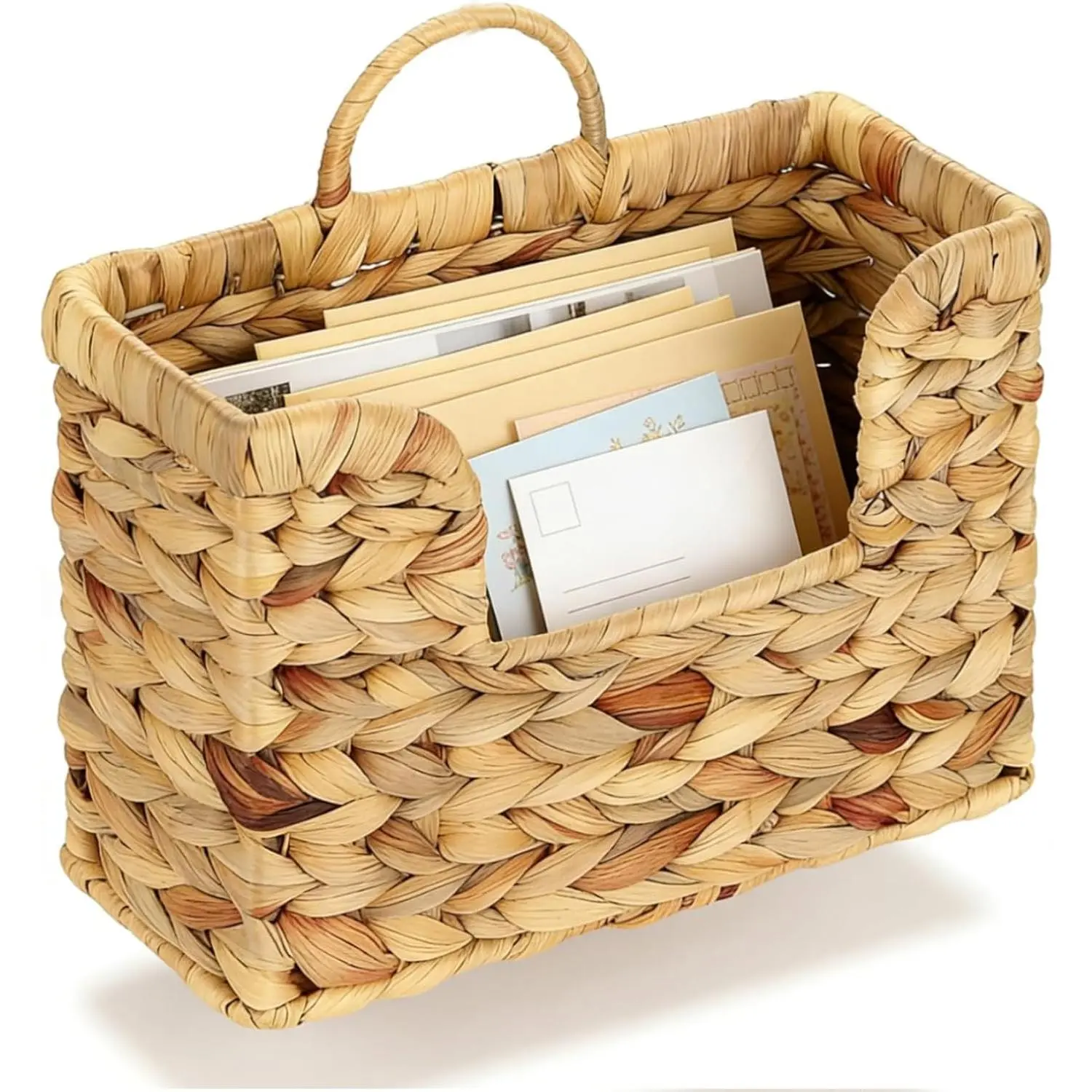 Hanging Magazine Basket, Woven Wall Magazine Holder Organizer with Handle for Mail, Files, Books - Water Hyacinth Farmhouse Storage Rack for Bathroom, Kitchen, Office