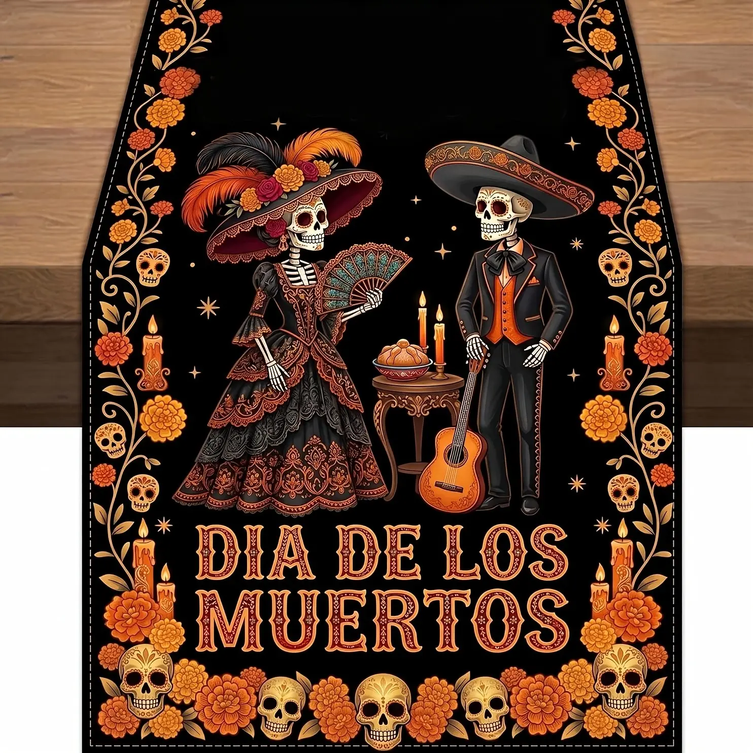 Day of the Dead Decorations, Rectangular Table Runner with Skull and Offering Patterns, Ideal for Home Kitchen Restaurant Altar, Halloween Party Decor, Festive Decoration