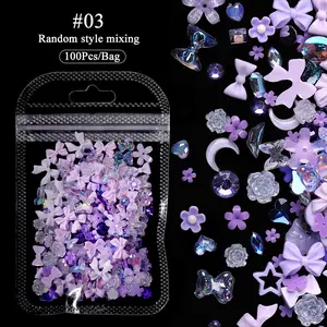 Kawaii Pink Bow Floral Nail Rhinestones Set, Iridescent Butterfly Rose Nail Gems for Acrylic Nails Decor