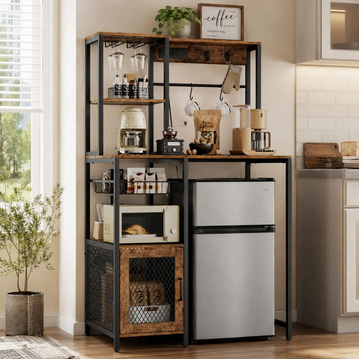 Microwave Stand & Fridge Stand, Baker's Rack with Power Outlet, Brown, 33.8"W × 19.5"D × 57.7"H