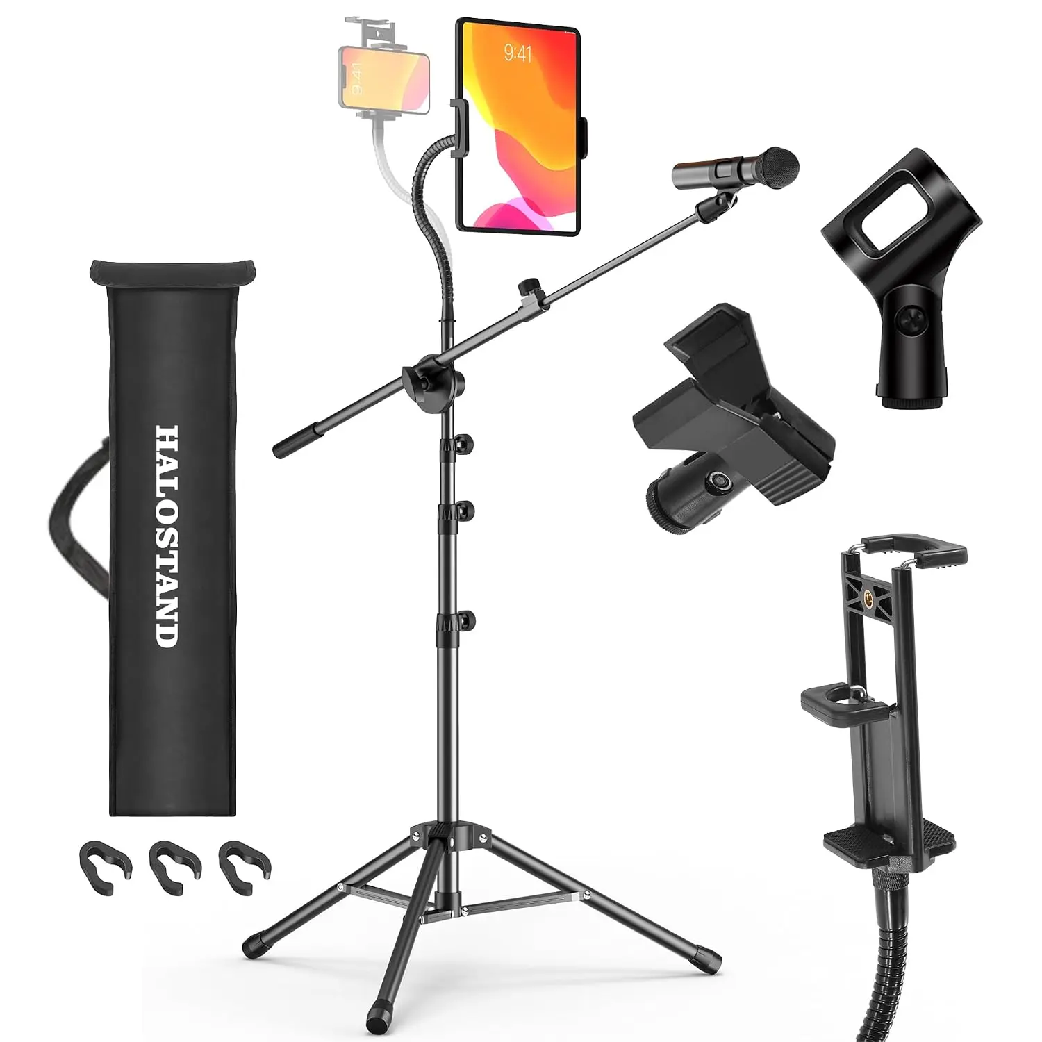 Heavy-Duty Foldable Floor Tripod Microphone Stand with Boom Arm, 2 Mic Holders, iPad/Phone Clips & Carrying Bag for Karaoke Gear, Stage Singing
