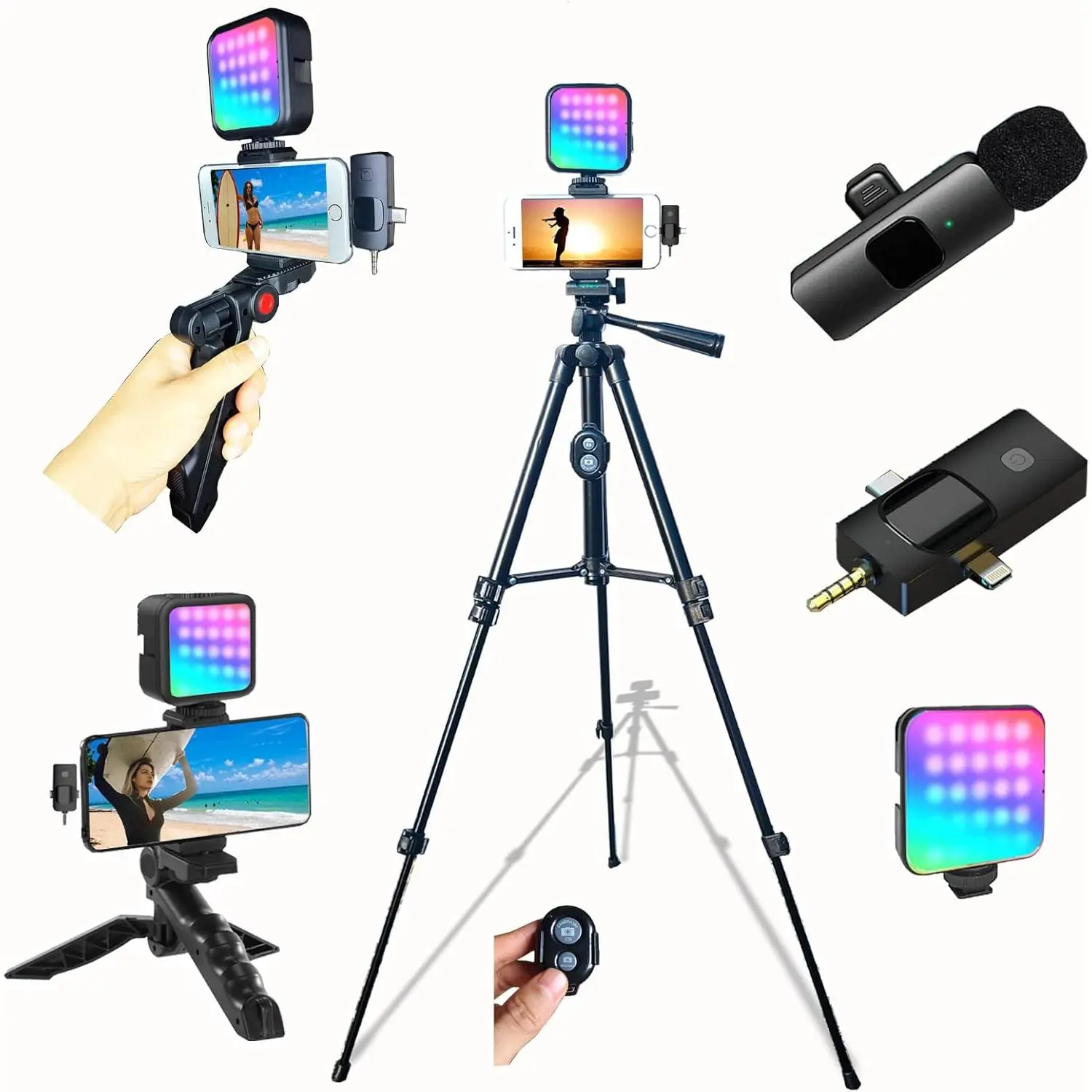 Vlogging Kit for iPhone Andriod Phone with Two Tripods RGB Light Lavalier Microphone Remote for YouTube Tiktok Content Creator
